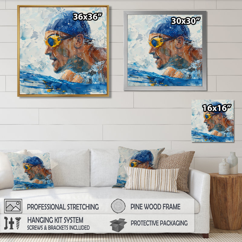 Concours de natation aux Jeux olympiques III - Art mural de natation, Toile encadrée noire simple, H 16 po x l 16 po x P 1 po