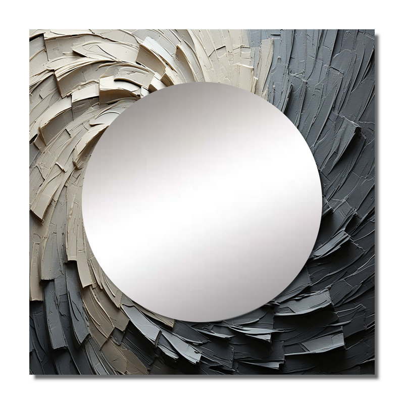 Rahima - Grey Beige Meditative Movement III Abstract Spirals Square Mirror Wall Art For Bathroom, 23" x 23"