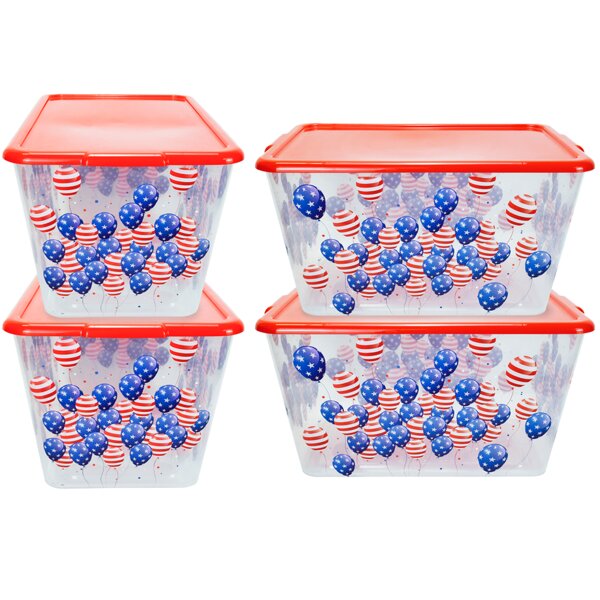 The Holiday Aisle 4-Pack Clear Printed Storage Totes with Lids (Patrotic Balloons), 14.5-Gal (58-Quart) Capacity, Colorful Designs on 24” x 17” x 13”