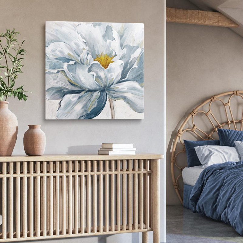 Impression d'art floral moderne peint à la main en bleu et blanc, H 26 po x l 26 po x P 1,7 po