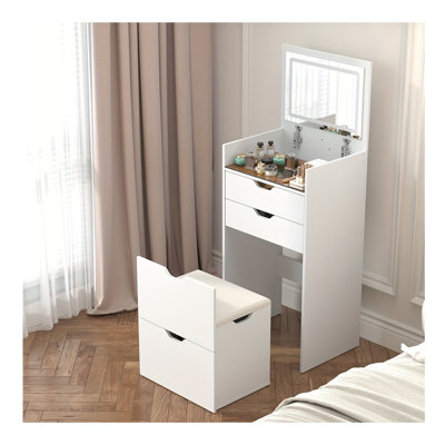 3-in-1 Multifunctional White Makeup Vanity Set with LED Lighting, Hidden Storage Stool and Sliding Drawers - Compact Dressing Table for Bedroom