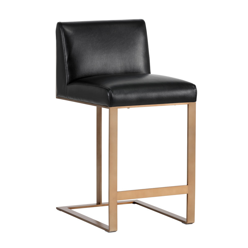 Dean Upholstered Stool with Metal Frame, Black, Bar Stool (30" Seat Height), Antique Brass