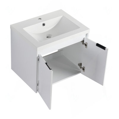 Meuble-lavabo de 36 po avec lavabo en résine, 2 portes à fermeture douce et 1 armoire latérale, conception à fixation flottante, blanc brillant, contreplaqué