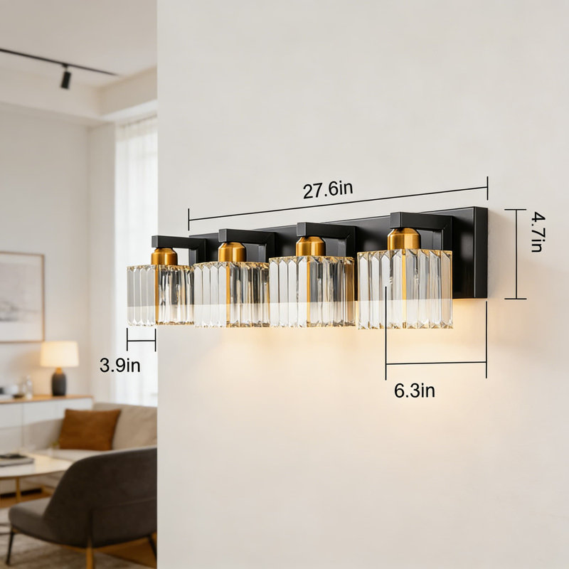 Luminaire de meuble-lavabo moderne en cristal noir et or avec abat-jour carré - applique murale à 4 lumières à intensité variable pour miroir