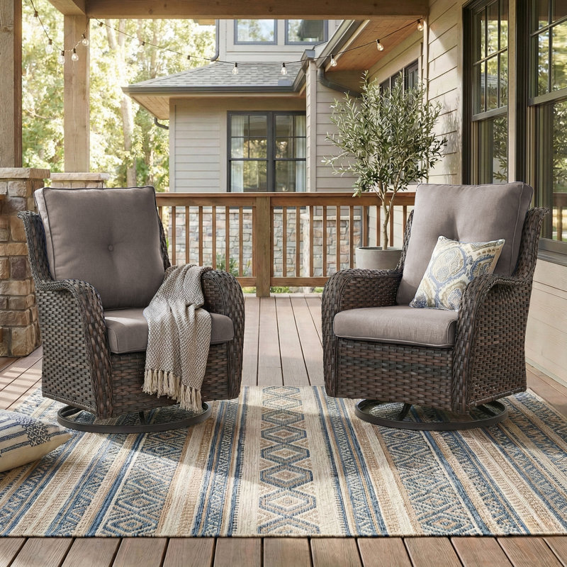 Ensemble de chaises de patio de luxe - Ensemble de 2 chaises de patio en osier toutes saisons et chaise berçante pivotante à dossier haut pour terrasse et osier gris près de la piscine