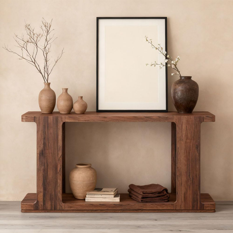 63" Modern Entryway Console Table With Curved Edge & Distinctive Style, Rustic Walnut