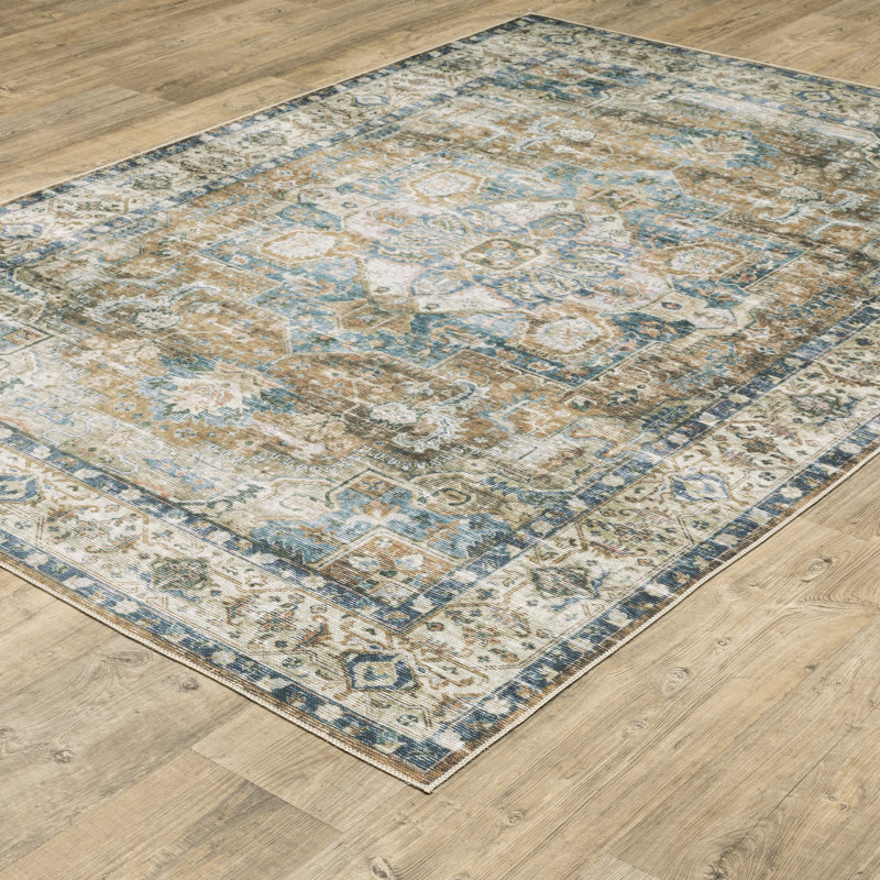 DiBernardo Machine Washable Performance Non-Skid Blue/Green/Gold Rug Mat, Rectangle 3'6" x 5'6"