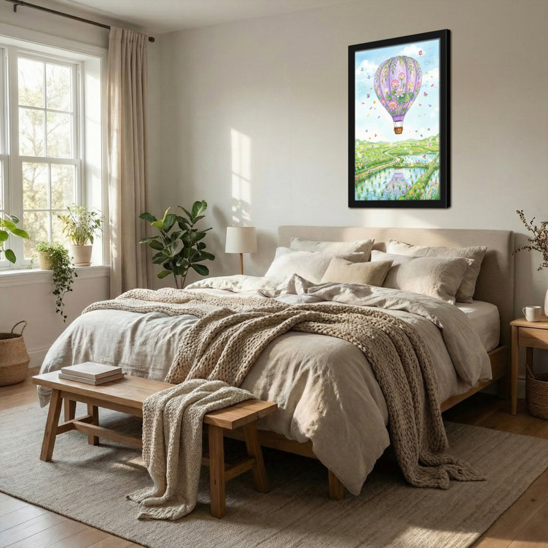 Paysage et nature, montgolfière, paysage floral, ciel, papillons, H 18 po x l 12 po