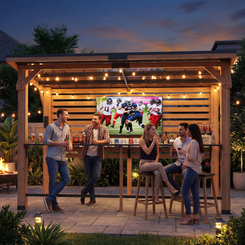 10' x 8' / 6' x 8' Solid Cedar Outdoor Gazebo Bar Pavilion with Built-In TV Mount, 90" H x 120" W x 96" D