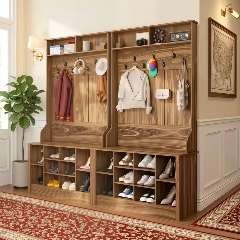 Arbre d'entrée de 78,8 po de largeur avec crochets, banc et rangement pour chaussures Bettymae, Brun