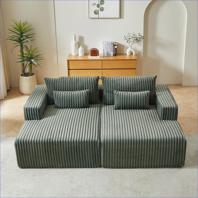 Canapés modulaires | Canapé-lit moderne surdimensionné sans assemblage de 87 po pour chambre à coucher | Velours côtelé | Vert olive
