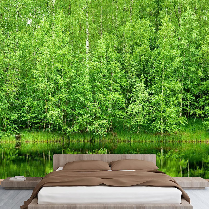 Murale forêt boréale reflétée dans la rivière, L 66 po x l 96 po