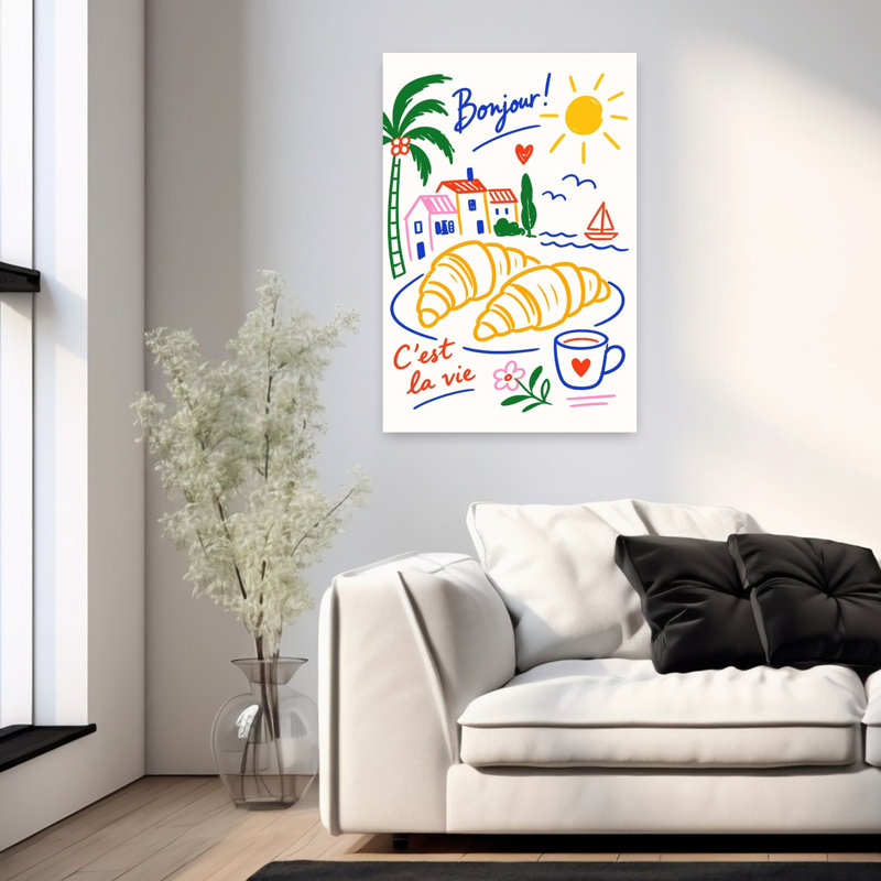 Ensoleillé français petit déjeuner coloré abstrait palmier contemporain art côtier