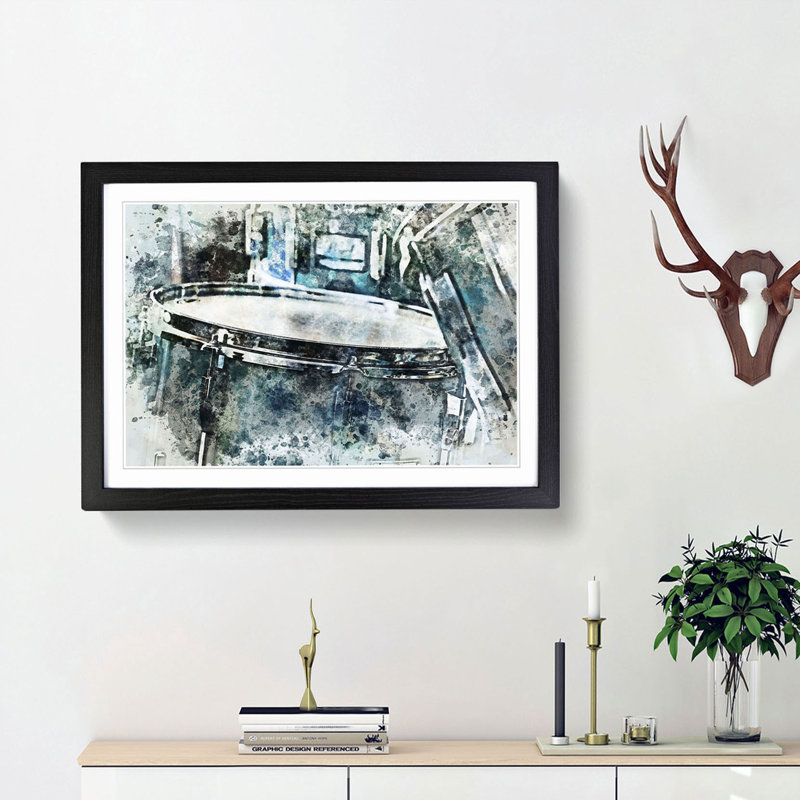 Teal Blue Drum Kit in Abstract - Framed Print, Black Framed, 62cm H x 87cm W x 2cm D