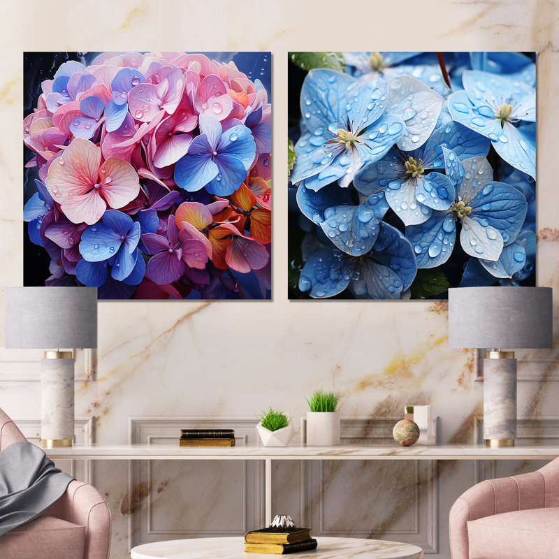 Hortensia rose et bleu harmonieux Fusion - Ensemble de 2 collages floraux carrés, H 16 po x l 33 po, Toile tendue