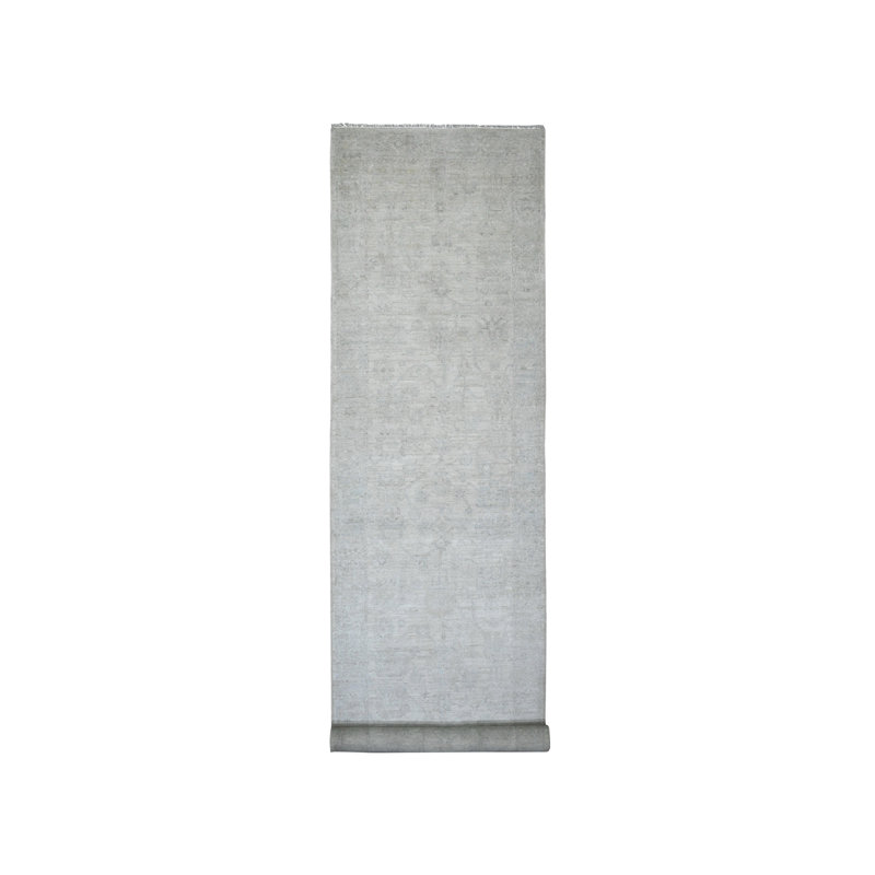 4'1"x19'8" White Afghan Angora Leaf Design Hand Knotted Wool Runner Rug 553388E908144E2E967B76BE38DC035B
