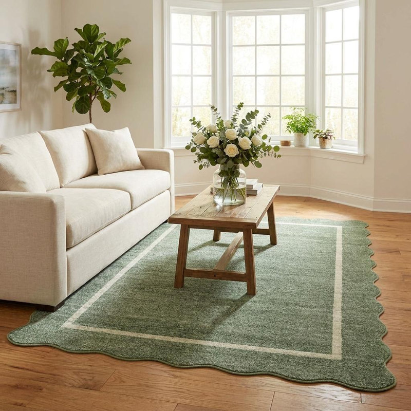 Scalloped Area Rugs Non-Slip Bordered Floor Mats, Non-Shedding Soft Low Pile Modern Accent Rugs, Washable Farmhouse Indoor Carpet for Living Room, Bedroom, Office