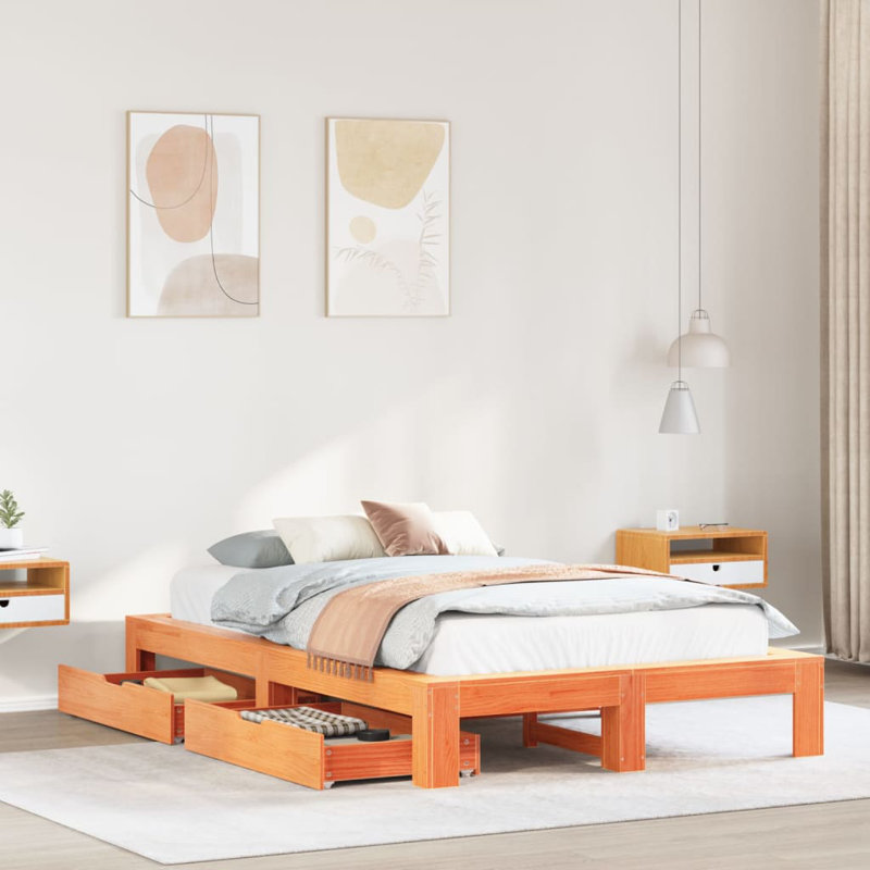 Solid Wood Storage Bed, Wax Brown, Small Double (4')