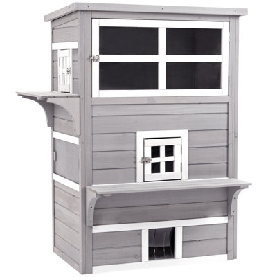 Maison pour chat à 3 étages, chaton d'extérieur en gris, avec plancher surélevé, portes de secours et plateformes de saut de charme