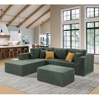 Full Compressed Corduroy Upholstered Sectional With 2 Moveable Ottomans, No Assembly Required For Instant Comfort And Flexible Layout.
