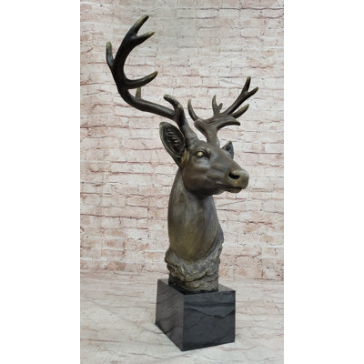 Stag Buck Deer Elk Head Bust Bronze Sculpture Statue on Marble Base