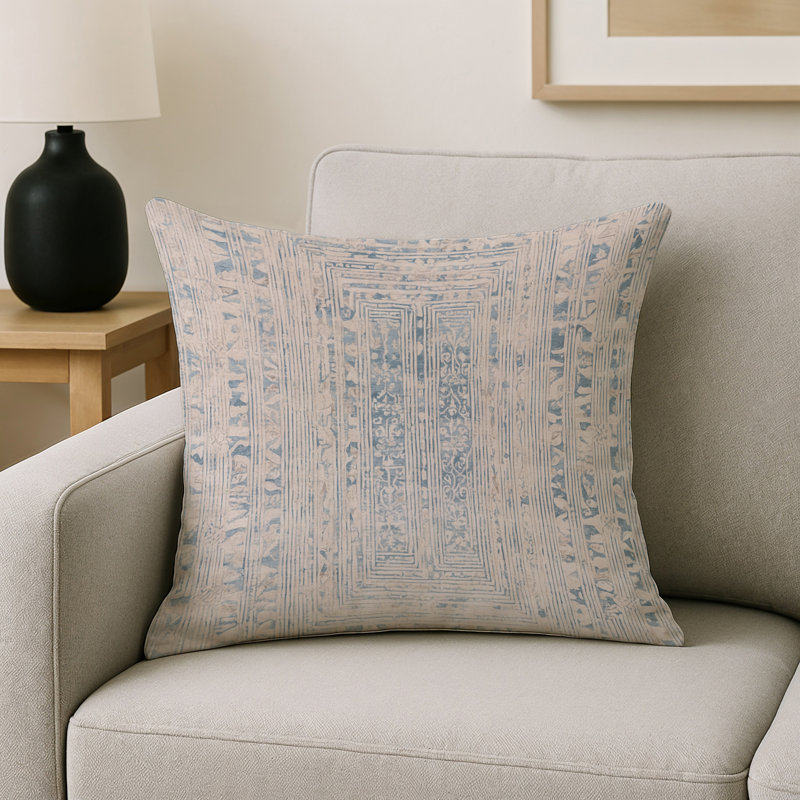 Coussin décoratif intérieur / extérieur gris Modern Modern, Carré 16 po, Gris / beige / bleu géométrique 1