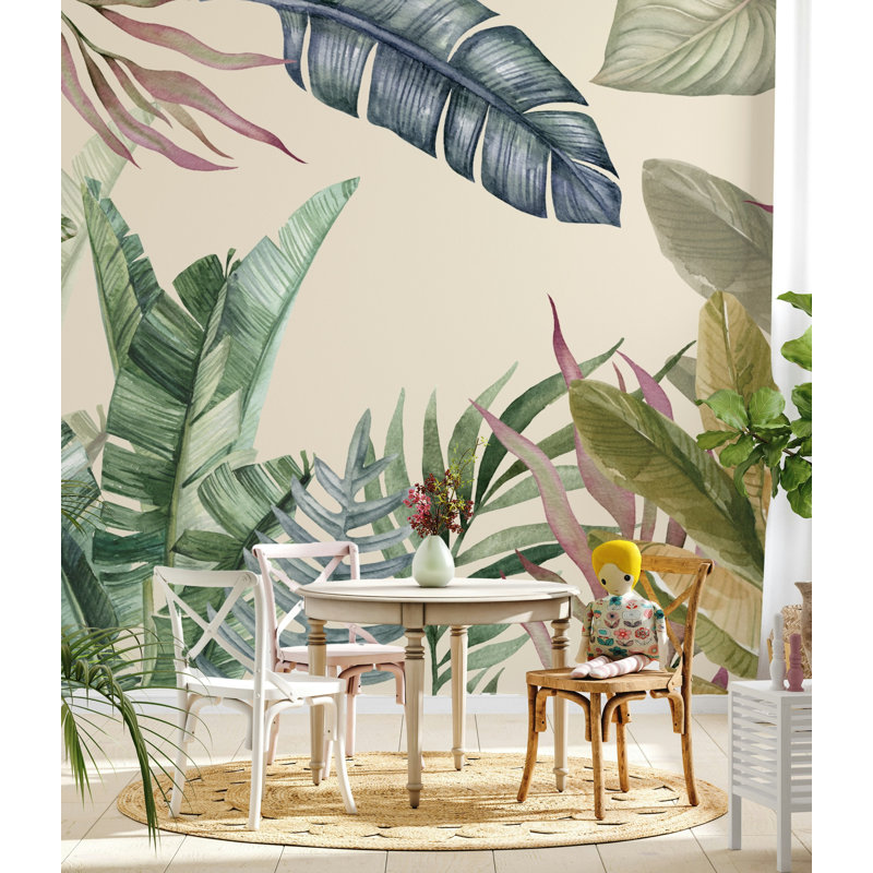 Papier peint aquarelle feuille de palmier tropical vert beige, L 114,96 po x l 225 po