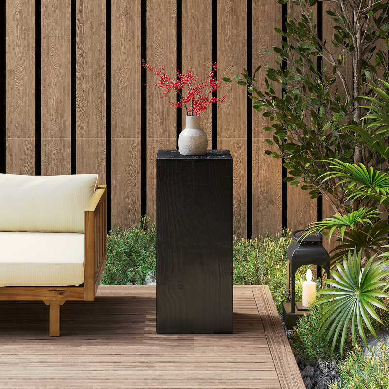 Table de bout à colonne carrée à aspect bois MGO, H33,75 po, finition vieillie d'aspect bois, mélange avec différentes hauteurs, utilisation intérieure / extérieure, couleur noire