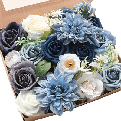 Ensemble de boîte combinée de fleurs artificielles bleu marine, fausses roses, pivoines, dahlias et verdure pour des bouquets de mariage