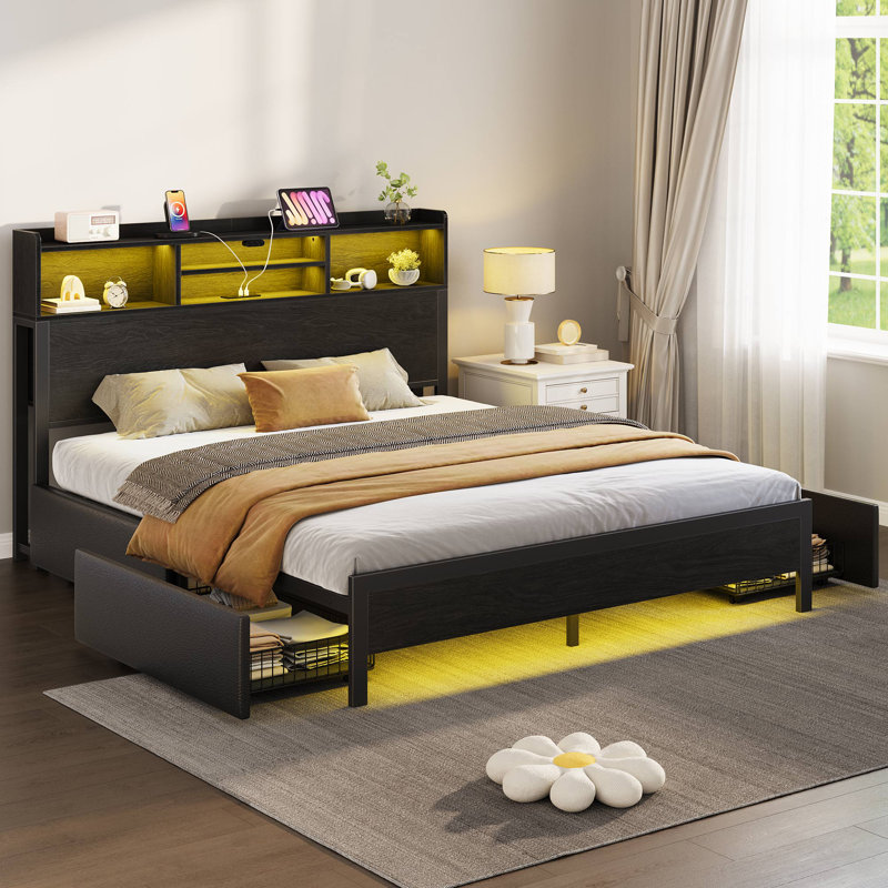 Modern Platform Bed Frame with LED Lights, USB Charger, 4 Storage Drawers & Bookshelf Headboard, 4 Drawers, Full