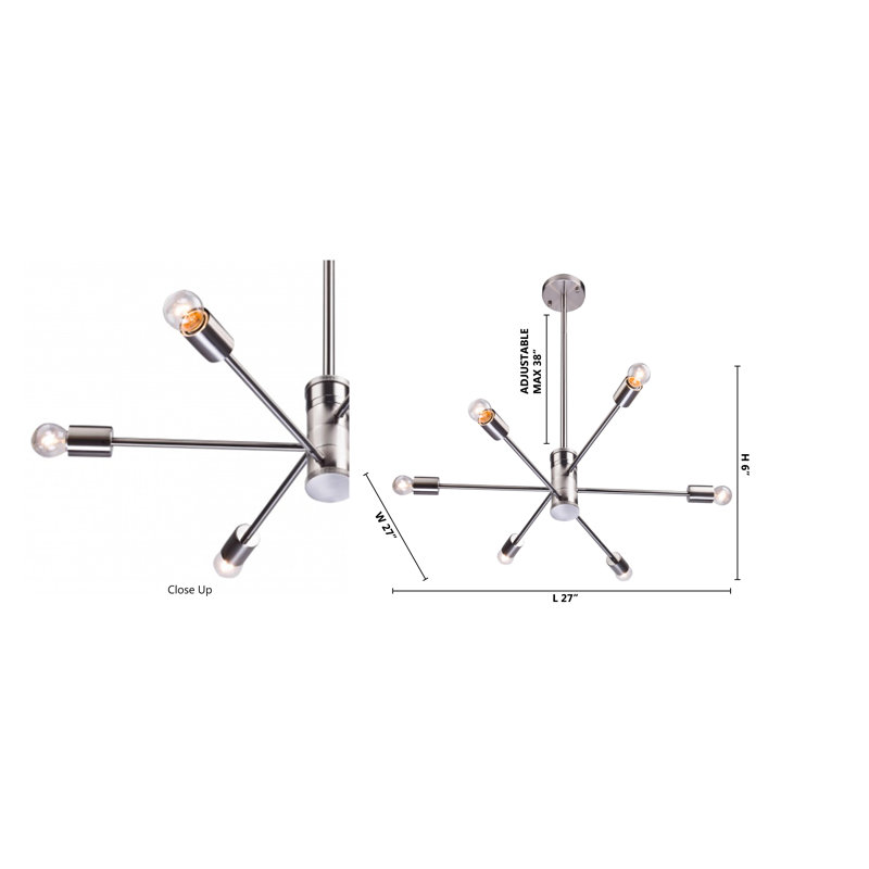 Lustre Spoutnik à six lumières Kinman, Nickel brillant
