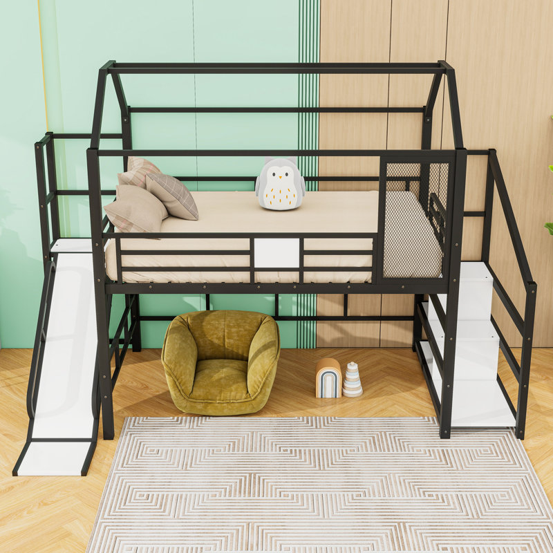 Dreamy House-Shaped Loft Bed With Stairs, Slide And Storage Shelves, Black, Full