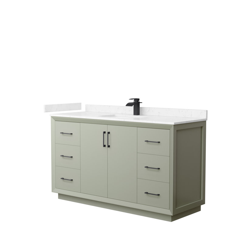 Ensemble de meuble-lavabo simple 60 po Strada, Noir mat, Vert clair, Marbre de culture de Carrare