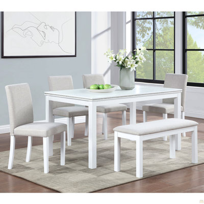 Ensemble de table de salle à manger en bois 6 pièces, table de salle à manger en bois avec 4 chaises rembourrées et banc pour 6 personnes, ensemble de table de salle à manger rectangulaire avec décoration en cristal pour la cuisine, la salle à manger, blanc