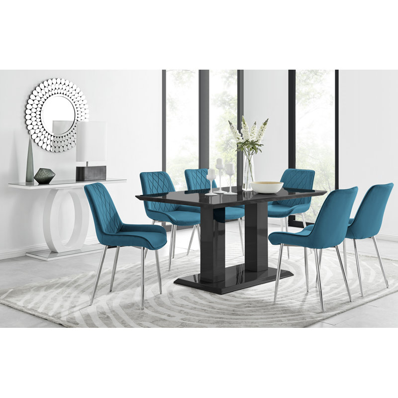 Eubanks High Gloss Double Pillar Dining Table Set with 6 Luxury Velvet Upholstered Dining Chairs, Black, Blue/Silver