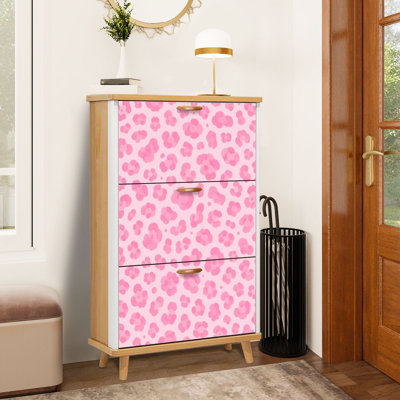 Minimalist Pink Leopard Print Pastel Shoe Storage Cabinet with 3 Flip Drawers Freestanding Shoe Rack Organizer Space Saving Footwear Storage Furniture for Entryway Hallway Bedroom Small Apartment Home Use