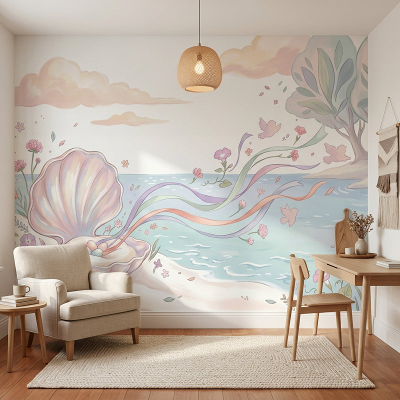 Papier peint pastel bord de mer coquillage ouvert Illustration fantaisiste amovible, 140 po x 108 po, Non tissé