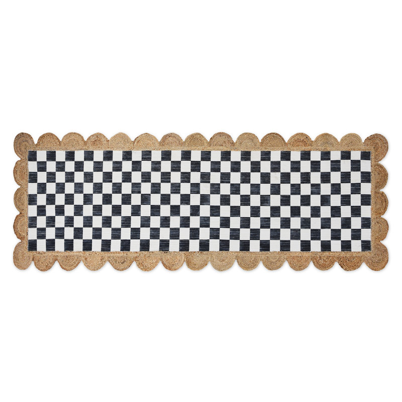 Black Check With Jute Scallops Rug, Runner 2'6" x 7'11"