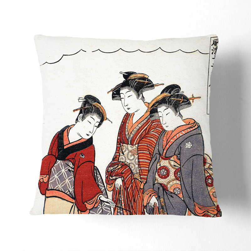 Maid and Two Geisha by Torii Kiyonaga Cushion with Filling, 40cm H x 40cm W x 15cm D, Black