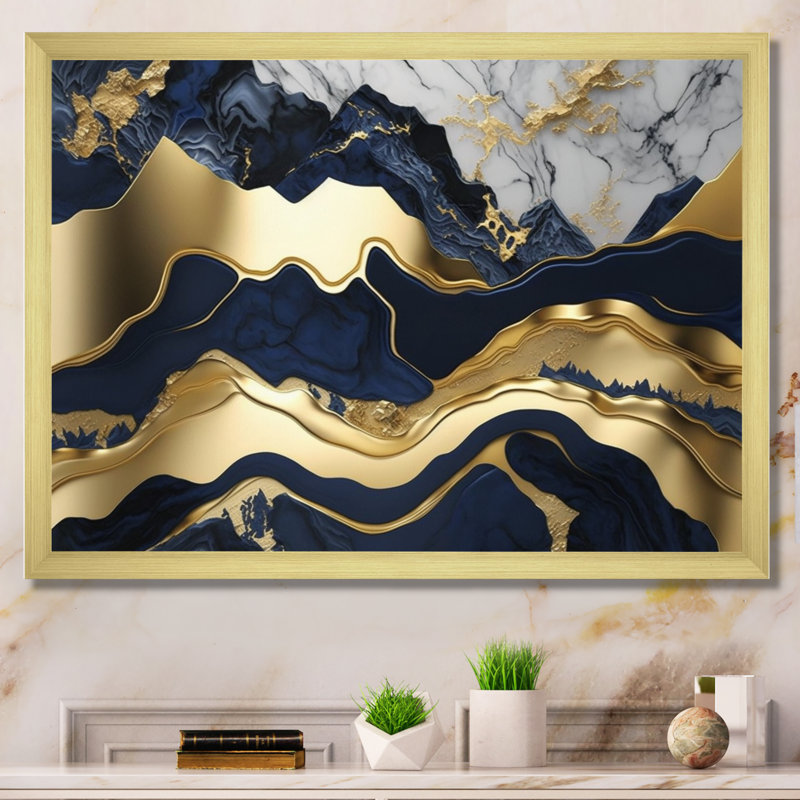 Rehoboth Blue And Gold Mesmerizing Marble Abstraction I, Single Picture Framed, 16" H x 32" W, Gold