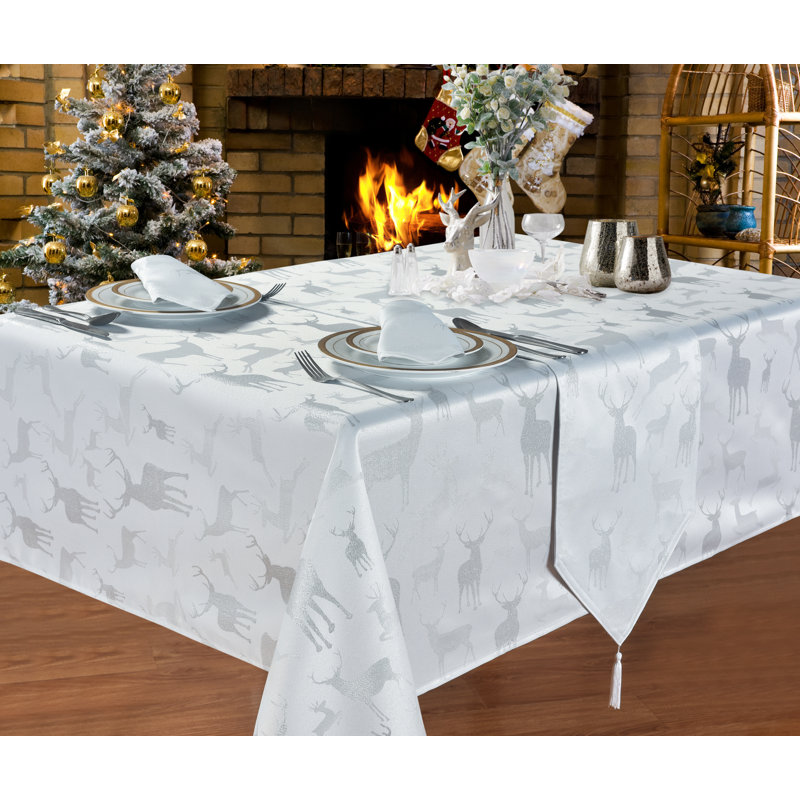 Large Stag Alvey Tablecloth, White/Silver, 137cm W x 183cm L