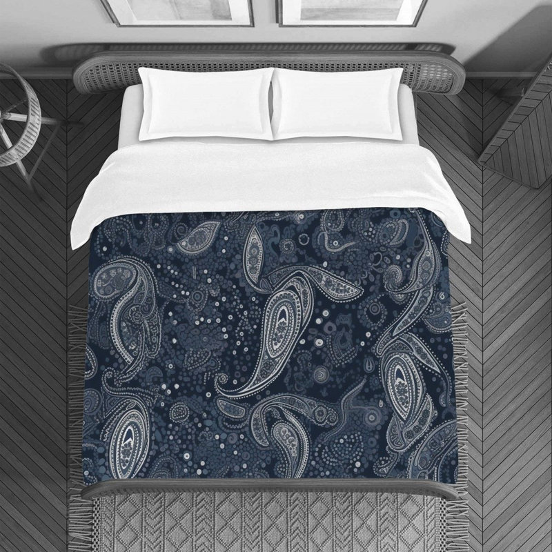 Machine Printed Duvet Cover, Twin Duvet Cover, Blue/Silver Paisley