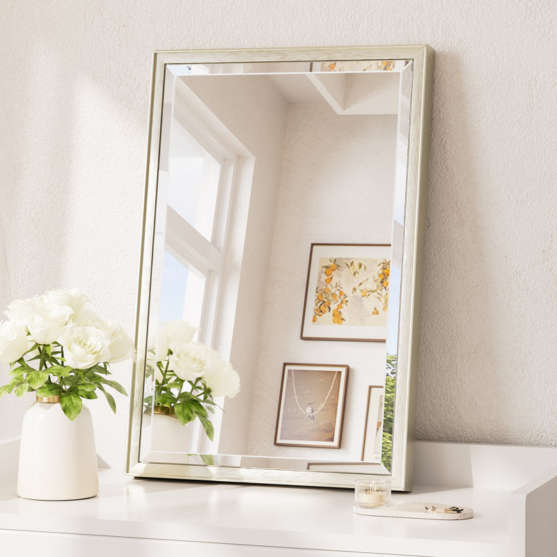 Rectangle Beveled Bathroom Accent Vanity Mirror with Aluminum Frame Tempered Glass , Brushed Nickel, 24" x 16"