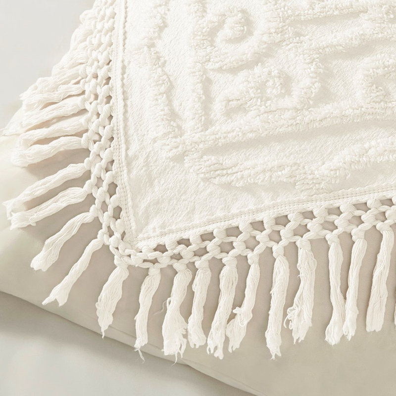 Couvre-lit chic en coton à franges en médaillon pour très grand / très grand lit, Blanc cassé