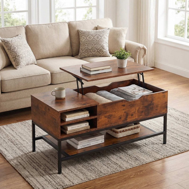Table basse moderne à plateau relevable multifonctionnel avec compartiment de rangement spacieux et caché et tablette de rangement amovible pour salon, salon, réception, bureau à domicile