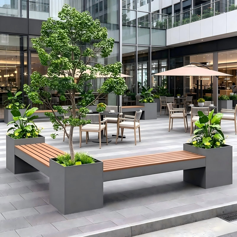 Combo commercial en fer avec banc en fer et jardinière, H 19,69 po x l 70,87 po x P 70,87 po, Gris