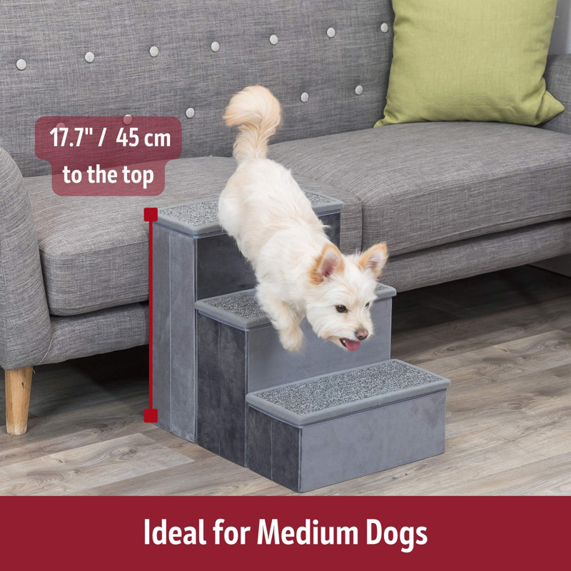 Gray Velour Foldable 3-Step Pet Stairs with Storage