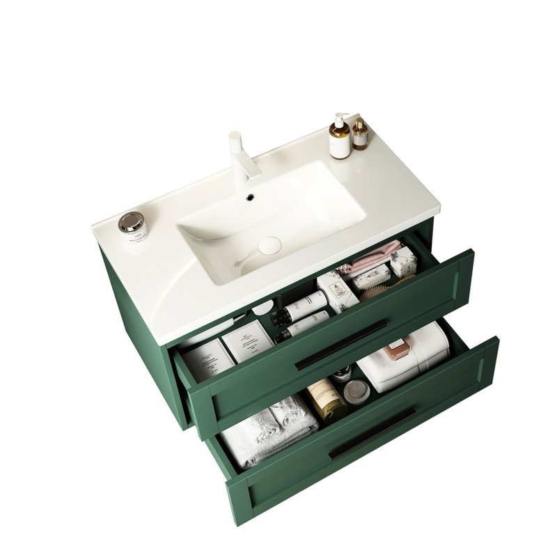 Lavabo de salle de bain moderne, armoire flottante de 36 po, lavabo en céramique blanche, rangement à 2 tiroirs, fermeture silencieuse, installation facile, avec tiroirs, glissières à fermeture rapide, installation, abat-jour
