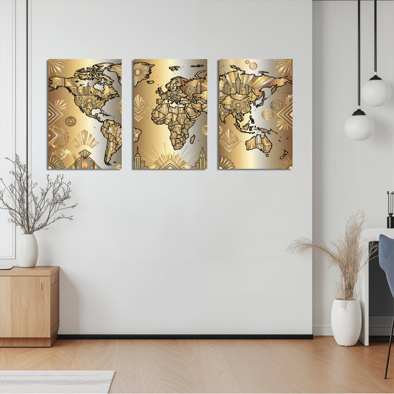 Ensemble de 3 tableaux muraux sur toile à motif Art déco représentant une carte du monde dorée, H 30 po x l 60 po