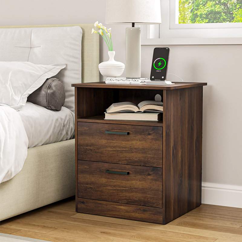 2 Drawers Nightstand With Charging Station, Brown